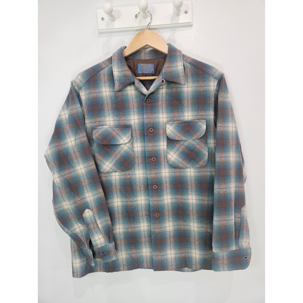 Vintage Pendleton Board Shirt XL Blue Brown Plaid Wool Button Down Made in USA